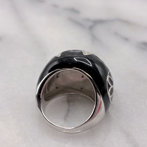 Chunky Black Enamel & Silver Tone Crystal Ring with Design - Picture 10 of 12